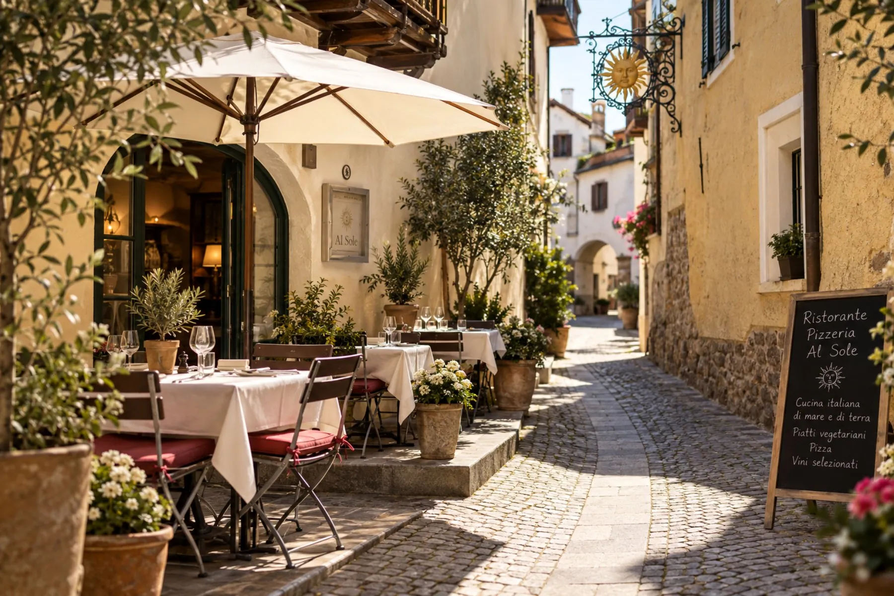 I tavoli all'aperto del Ristorante Al Sole in Vicolo del Sole ad Appiano